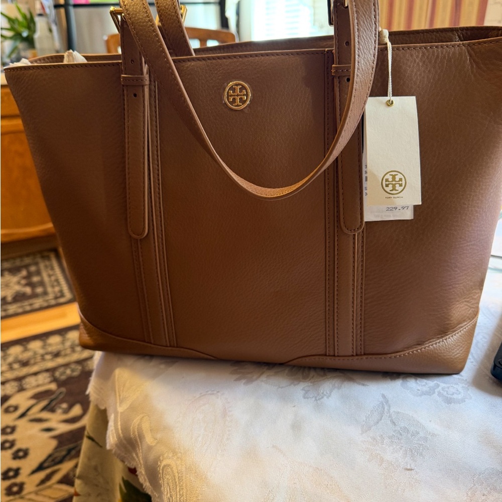 Tory Burch Cognac Pebbled Leather Tote with Logo Medallion